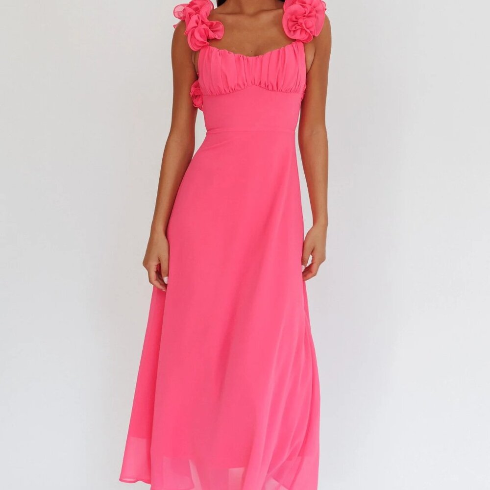 Saints and Secrets by Selfie Leslie Eloquent Lace-Up Back Maxi Dress Hot Pink